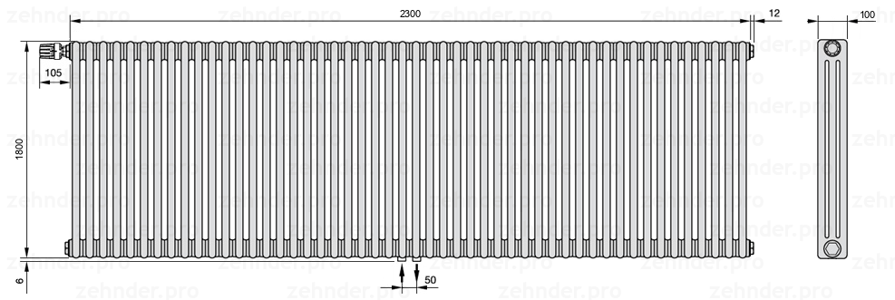Схема (чертеж) Радиатор Zehnder Charleston 3180/50 №V007 Белый глянцевый RAL 9016
